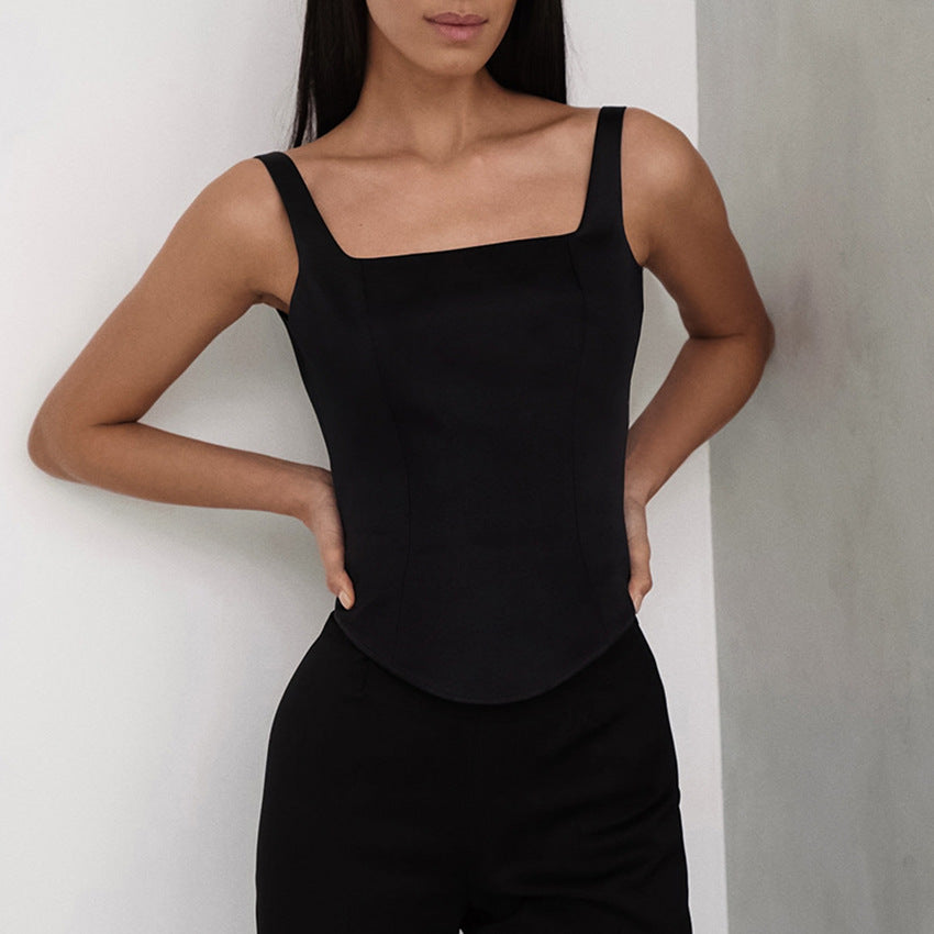 Women's Camisole Top – Slim Fit – Corset Design – Square Neck – Short Model