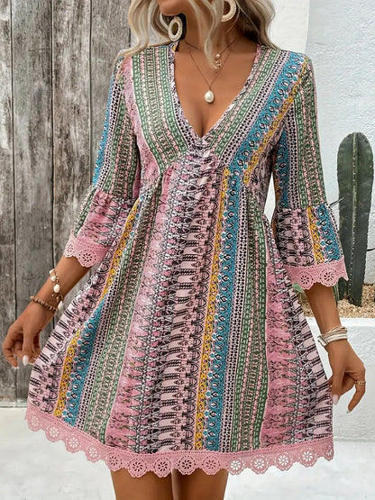 Women's Dress – A-Line Fit – Boho Pattern – V-Neck – 3/4 Sleeves – Lace – Breathable