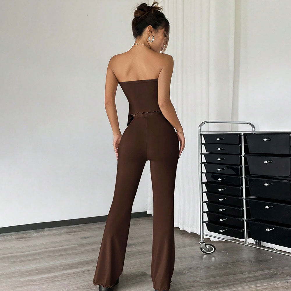 Women's Two-Piece Set – Strapless Bandeau Top – High-Waisted Flared Pants – Stretchable Fit