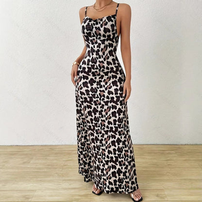 Women's Sleeveless Dress - Slim Fit - Leopard Print - Full Length with Side Slit