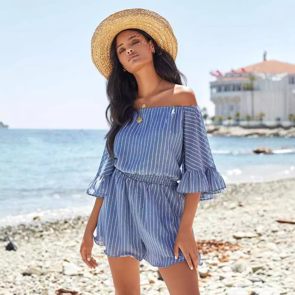 Women's Dress – Off Shoulder – Elastic Waist – Ruched Sleeves – Striped Lightweight Fabric