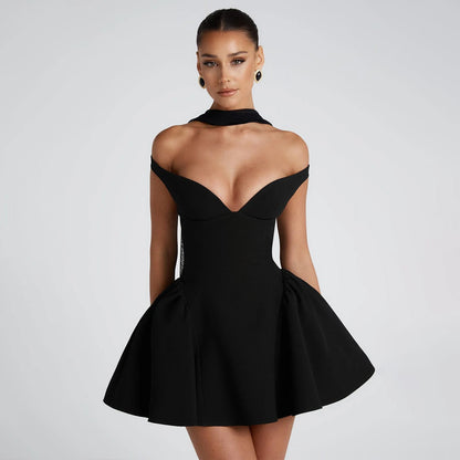 Dress for Women – Slim Fit – Off-Shoulder – Deep V-Neck – Open Back – A-Line Mini