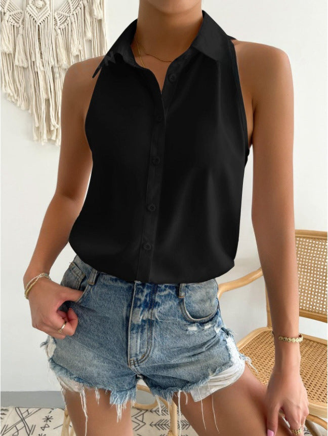 Women's Sleeveless Shirt – Relaxed Fit – Button Closure – Soft Shiny Fabric