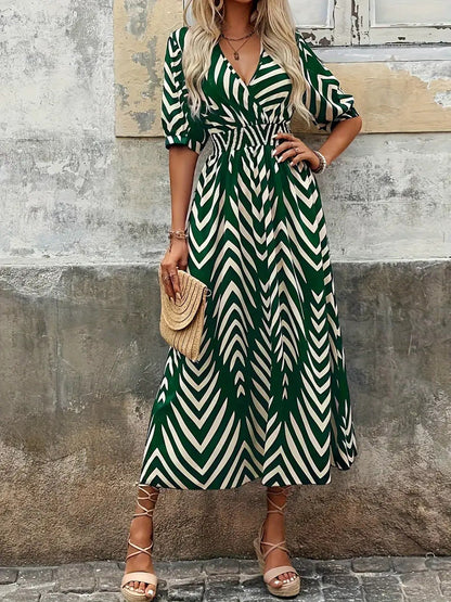 Women's Midi Dress – A-Line Cut – Lightweight and Breathable – V-Neck Wrap – Puff Sleeves – Belt