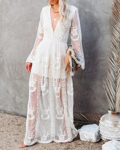 Dress for Women – Long Evening Dress – Lace and Chiffon – V-Neckline – Slit – Sheer Sleeves