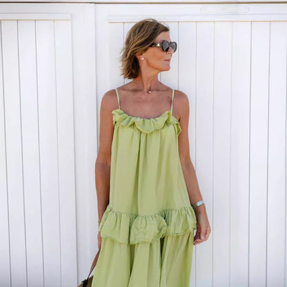 Women's Maxi Dress – Flowy Fit – Ruched Neckline – Layered Skirt – Spaghetti Straps