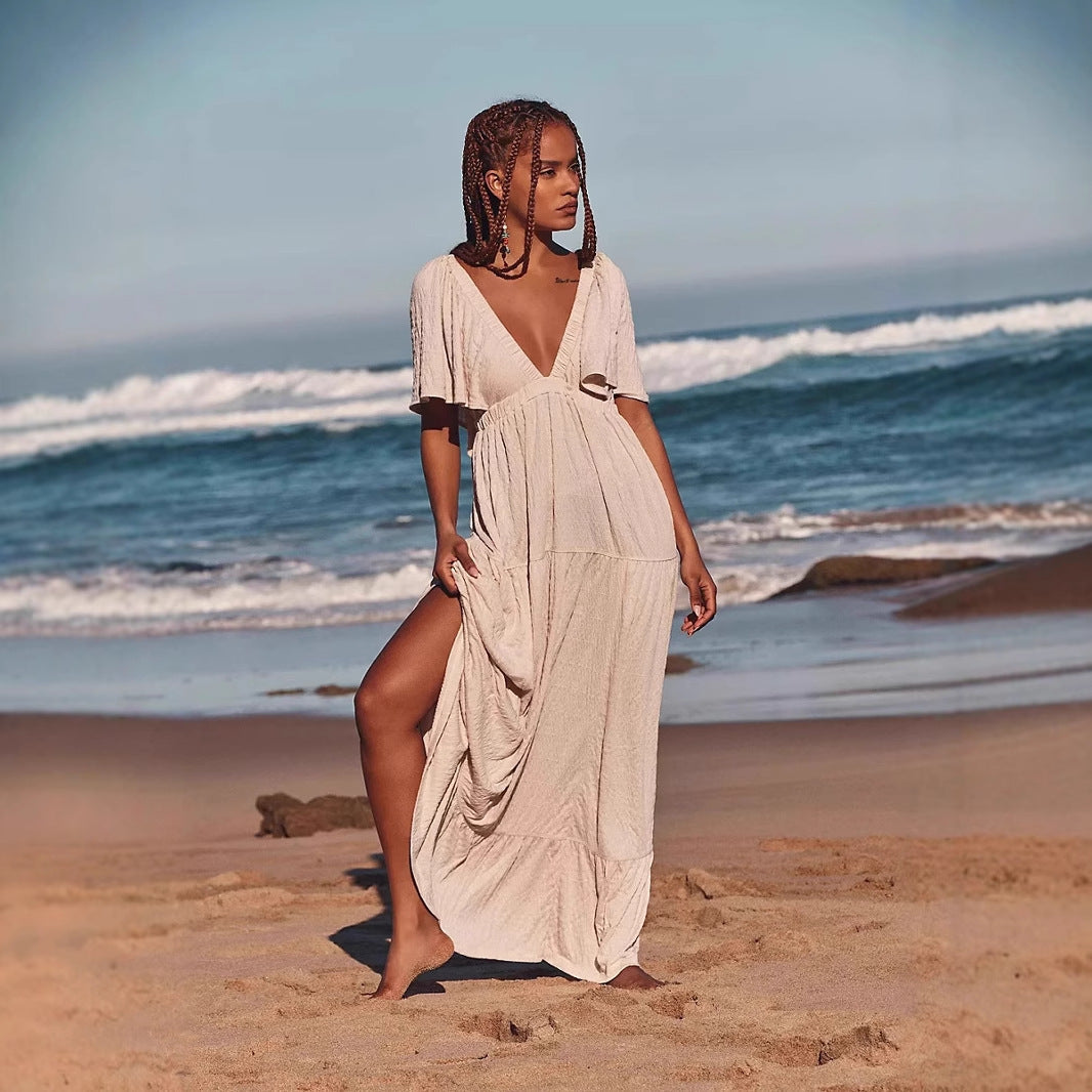 Women's Maxi Dress – Loose Fit – A-Line – V-Neck – Open Back – Lightweight and Breathable