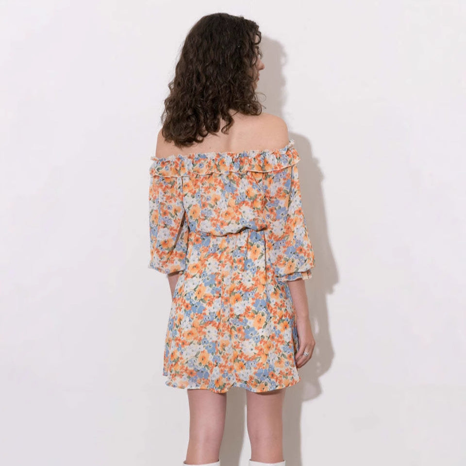 Women's Mini Dress – Chiffon – Off Shoulder – Floral Pattern – Loose Fit