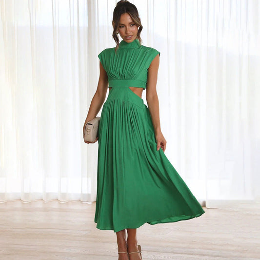 Dress for Women – Midi – Fitted Waist – Pleated Top – Waist Cutout