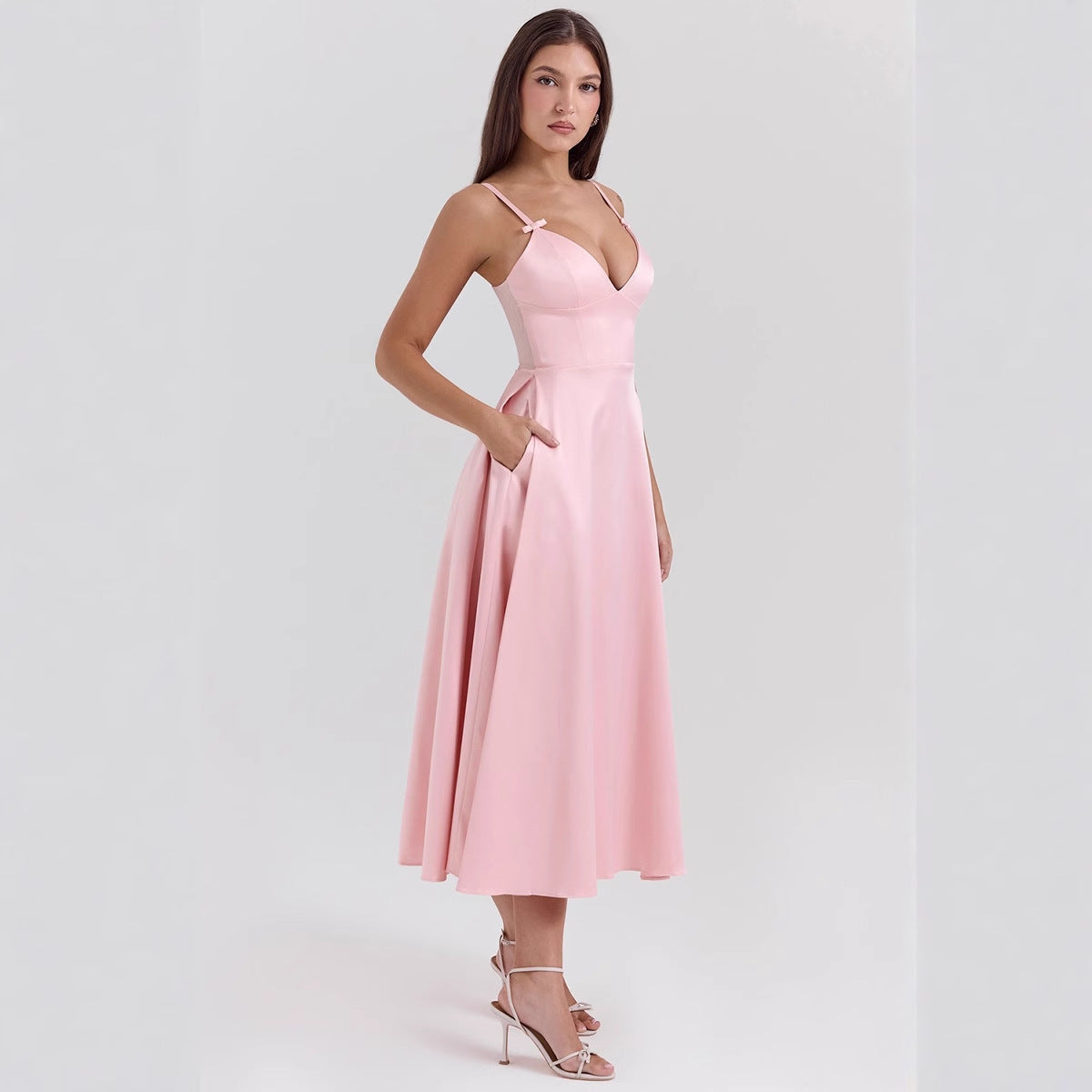 Dress for Women – Satin Look – V-Neck – Spaghetti Straps – A-Line – Midi Length