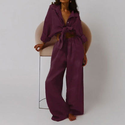 Women's Outfit Set – Oversized Shirt with Tie Front – Wide Pants – Light and Breathable