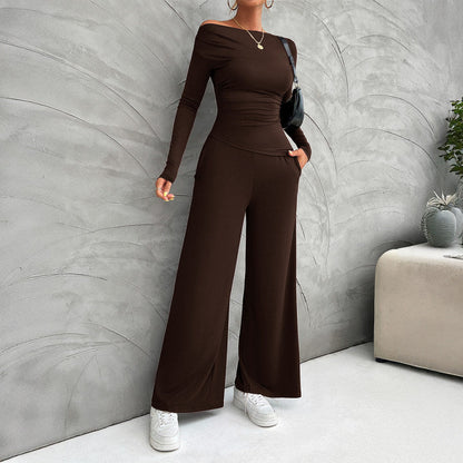 Women's Set – Slim Fit Long-Sleeve Top – High-Waisted Wide Pants – Stretchable Comfort