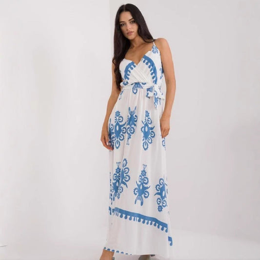 Women's Maxi Dress – V-Neck – Sleeveless – Empire Waist – Light Cotton – Printed