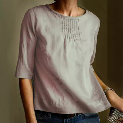 Women's Blouse – Cotton Linen Mix – Loose Fit – 3/4 Sleeves – Pleated Front
