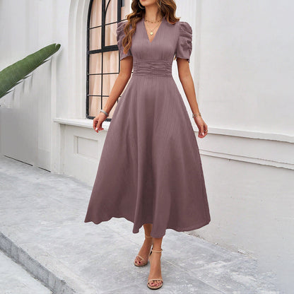 Women's dress midi – Fit and flare – V-neckline – Puff sleeves – Ruched waist