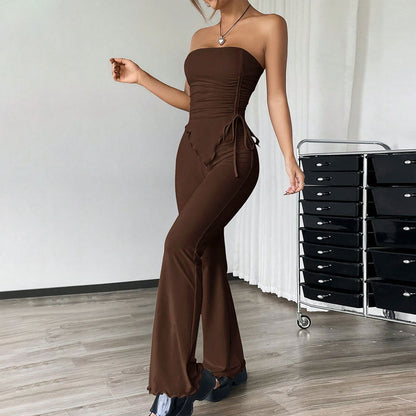 Women's Two-Piece Set – Strapless Bandeau Top – High-Waisted Flared Pants – Stretchable Fit