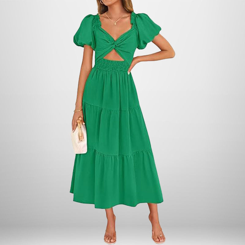 Women's Long Dress – V-Neck – Puff Sleeves – Smocked Waist – A-Line with Ruffles