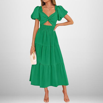 Women's Long Dress – V-Neck – Puff Sleeves – Smocked Waist – A-Line with Ruffles