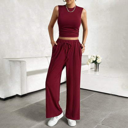 Women's Set – Sleeveless Crop Top – Wide-Legged Pants – Light and Breathable Comfort