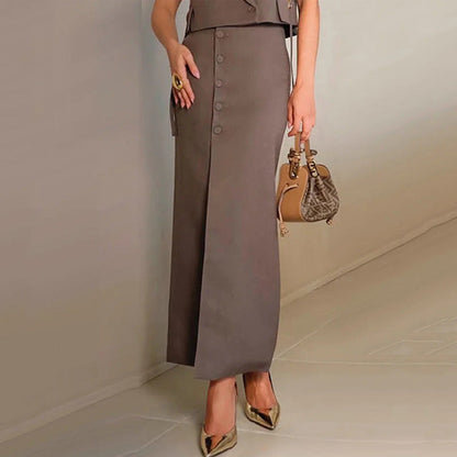 Women's Set – Tailored Fit – Sleeveless Crop Top with Lapels – Slit Midi Skirt