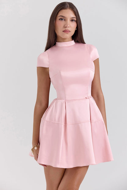 Women's Mini Dress – Sleeveless – High Neck – A-Line Cut with Pleated Skirt – Satin Look