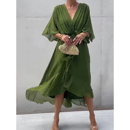 Dress for Women – Maxi – Loose Fit – Batwing Sleeves – Asymmetric Hem – Tie Detail