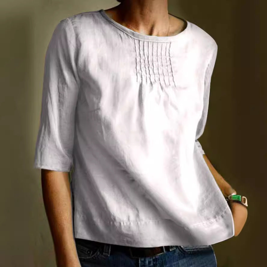 Women's Blouse – Cotton Linen Mix – Loose Fit – 3/4 Sleeves – Pleated Front