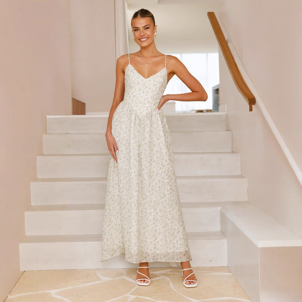Women's Maxi Dress – Sleeveless Flared Fit – V-Neck – Floral Pattern – Bow Detail