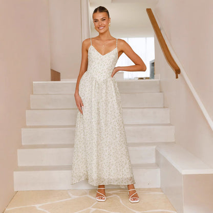 Women's Maxi Dress – Sleeveless Flared Fit – V-Neck – Floral Pattern – Bow Detail