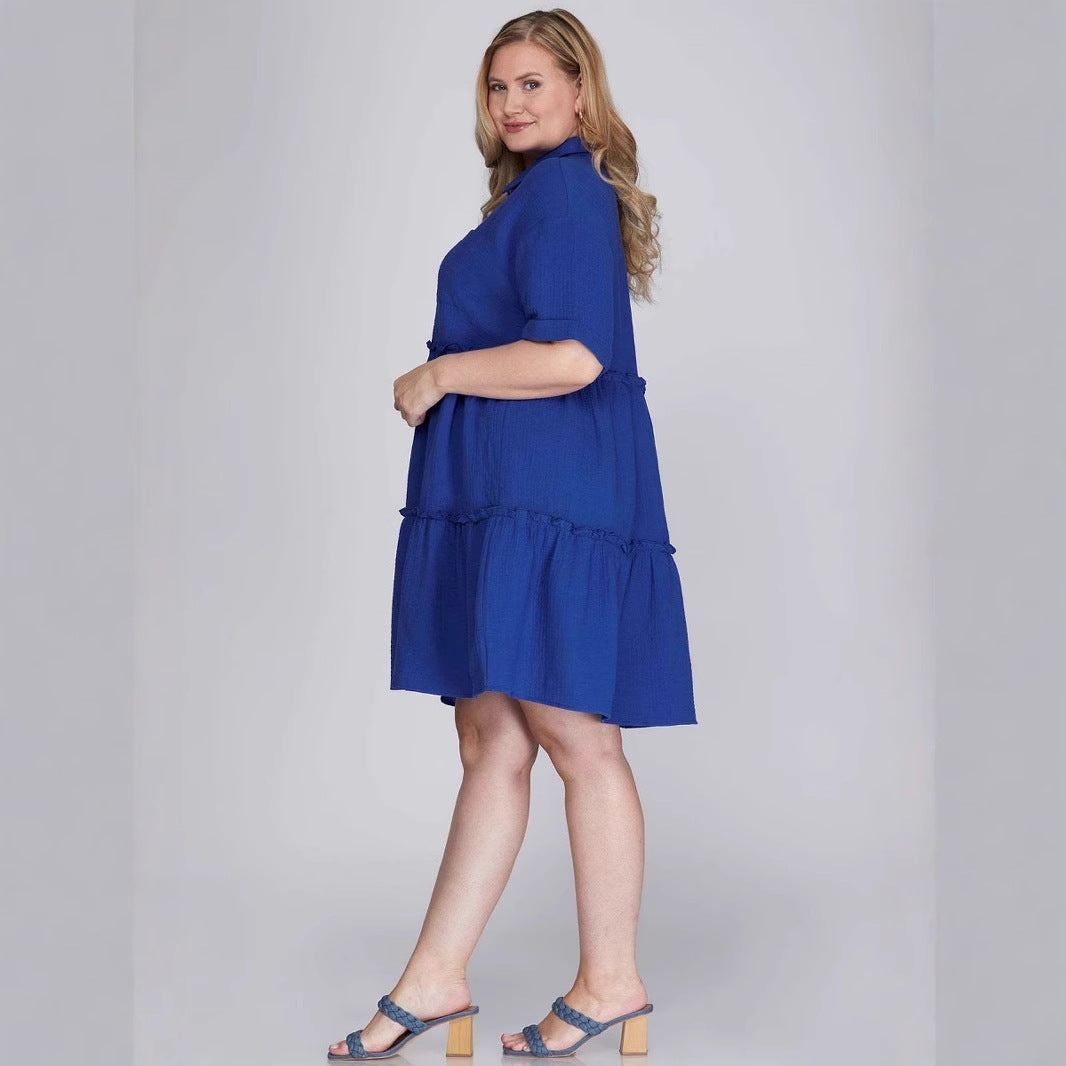 Women's Mini Dress – Cotton Linen – Loose Fit – Shirt Collar – Short Sleeves Layered