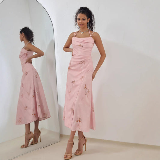Dress for Women – A-line Fit – Satin Finish – Straps – Elegant Midi Length