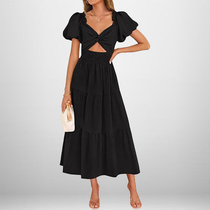 Women's Long Dress – V-Neck – Puff Sleeves – Smocked Waist – A-Line with Ruffles