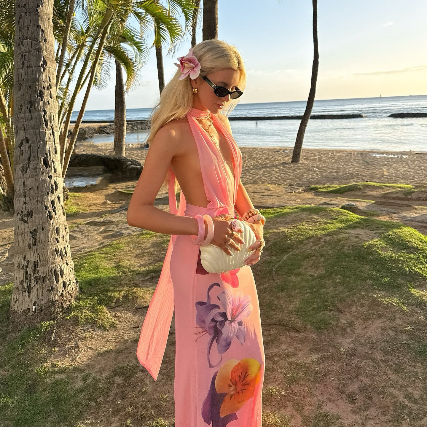 Women's Maxi Dress – Slim Fit – Halterneck – Deep V-neck – Floral Mesh Design