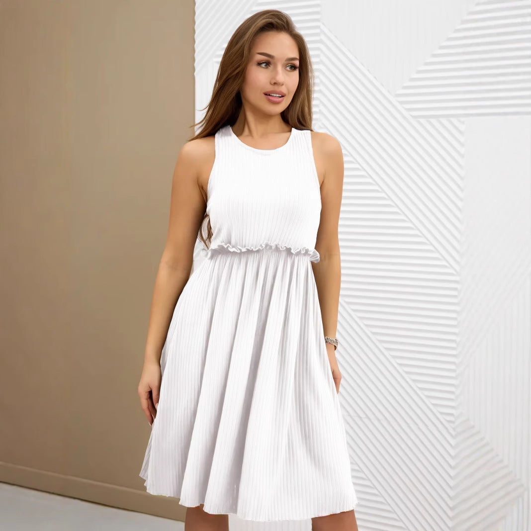 Women's Midi Dress – Sleeveless A-line Fit – V-neck – Button Closure – Waistband