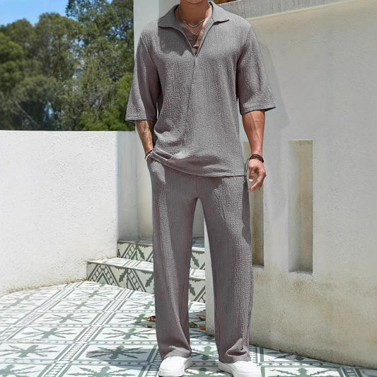 Men's Set – Relaxed Fit – Lightweight Breathable Fabric – Short-Sleeved Shirt & Long Pants