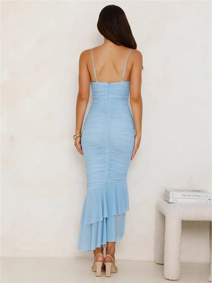 Dress for Women – Spaghetti Straps – Slim Fit – Ruched – Floral Applique – Ruffle Hem