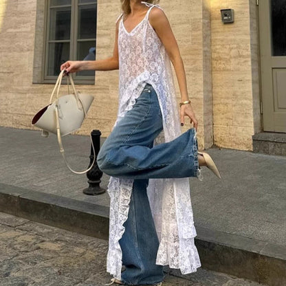 Dress for Women – A-line Fit – V-neck – Lace – Slit – Bow Straps