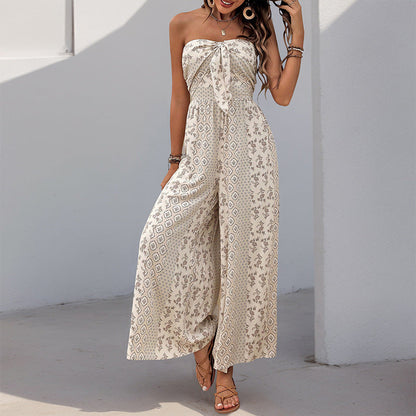 Women's Trousers with Width – Light Cotton Blend – High Waist – Belt – Ethno Pattern