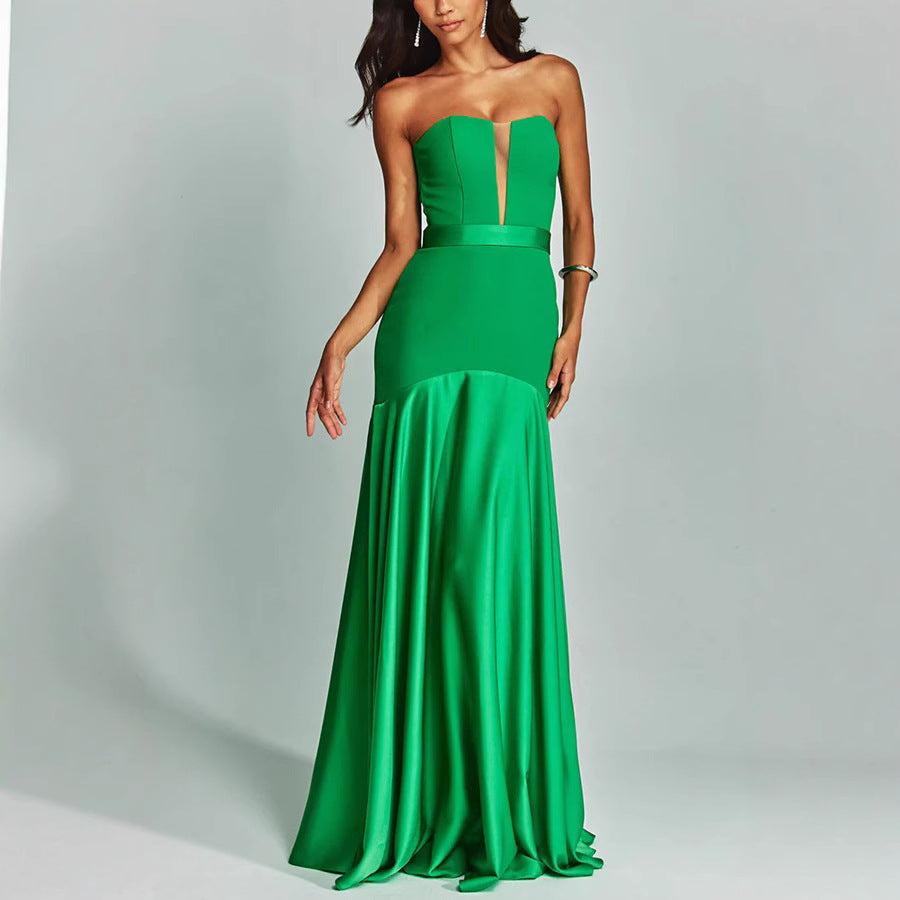 Dress for Women – Strapless – Slim Fit – Satin – Deep Neckline – Floor Length