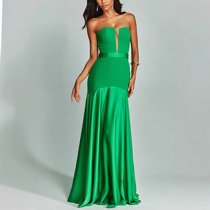 Dress for Women – Strapless – Slim Fit – Satin – Deep Neckline – Floor Length