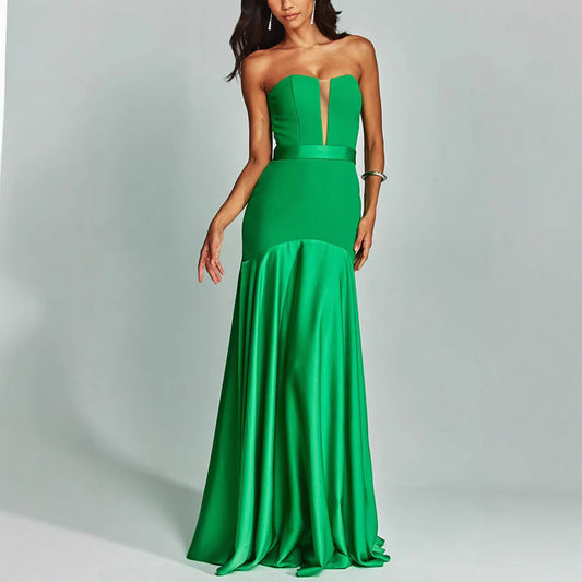 Dress for Women – Strapless – Slim Fit – Satin – Deep Neckline – Floor Length