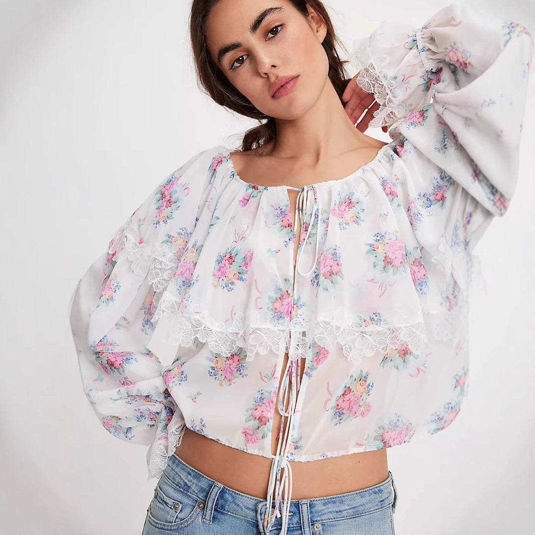 Women's Blouse – Chiffon – Loose Fit – Long Sleeves – Floral Pattern – Lace Trim