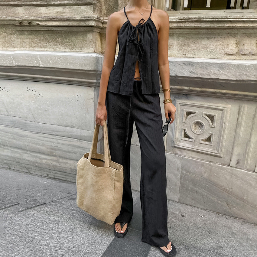 Women's Two-Piece Set – Sleeveless Tie Top with Spaghetti Straps – High-Waisted Wide-Leg Pants