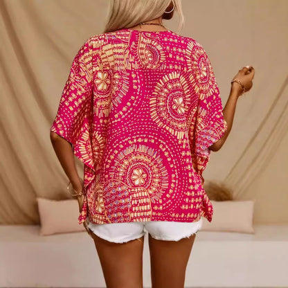 Women's V-Neck T-Shirt – Relaxed Fit – Batwing Sleeves – Light Print Top