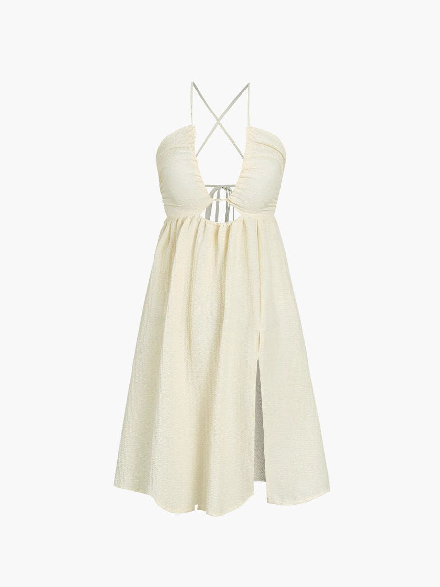 Dress for Women – Midi – V-Neck – Spaghetti Straps – Cutout – High Slit