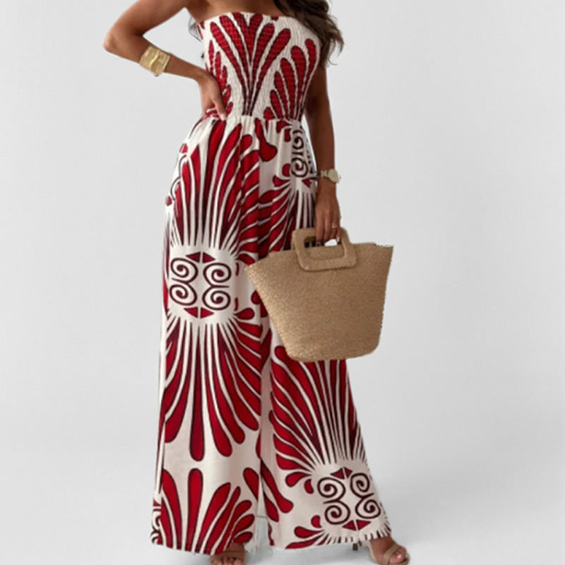 Women's Jumpsuit – Off-Shoulder – Smocked Waist – Wide Legs – Light and Breathable
