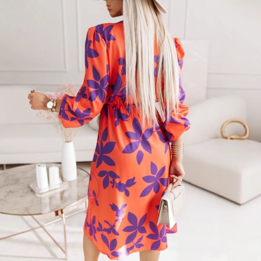 Women's Midi Dress – A-line Cut – V-neck – Floral Print – Long Puff Sleeves