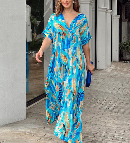 Women's Kaftan Dress - Light and Airy - V-Neck - Loose Fit - Short Sleeve
