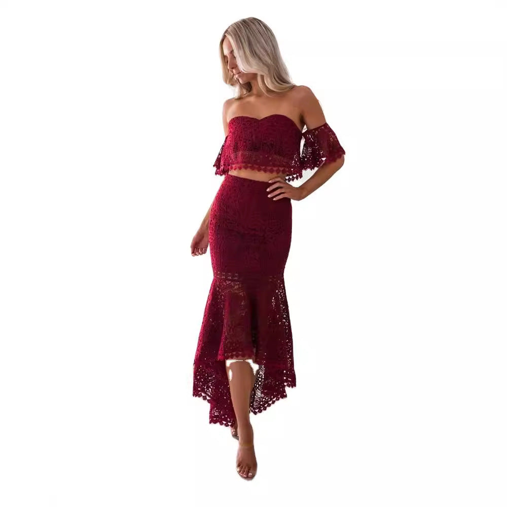 Women's Set – Off Shoulder Bustier Top with Lace – High Waist Pencil Skirt