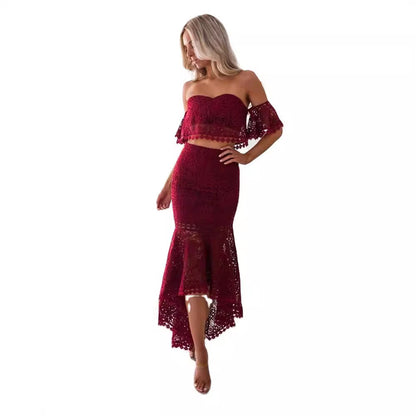 Women's Set – Off Shoulder Bustier Top with Lace – High Waist Pencil Skirt